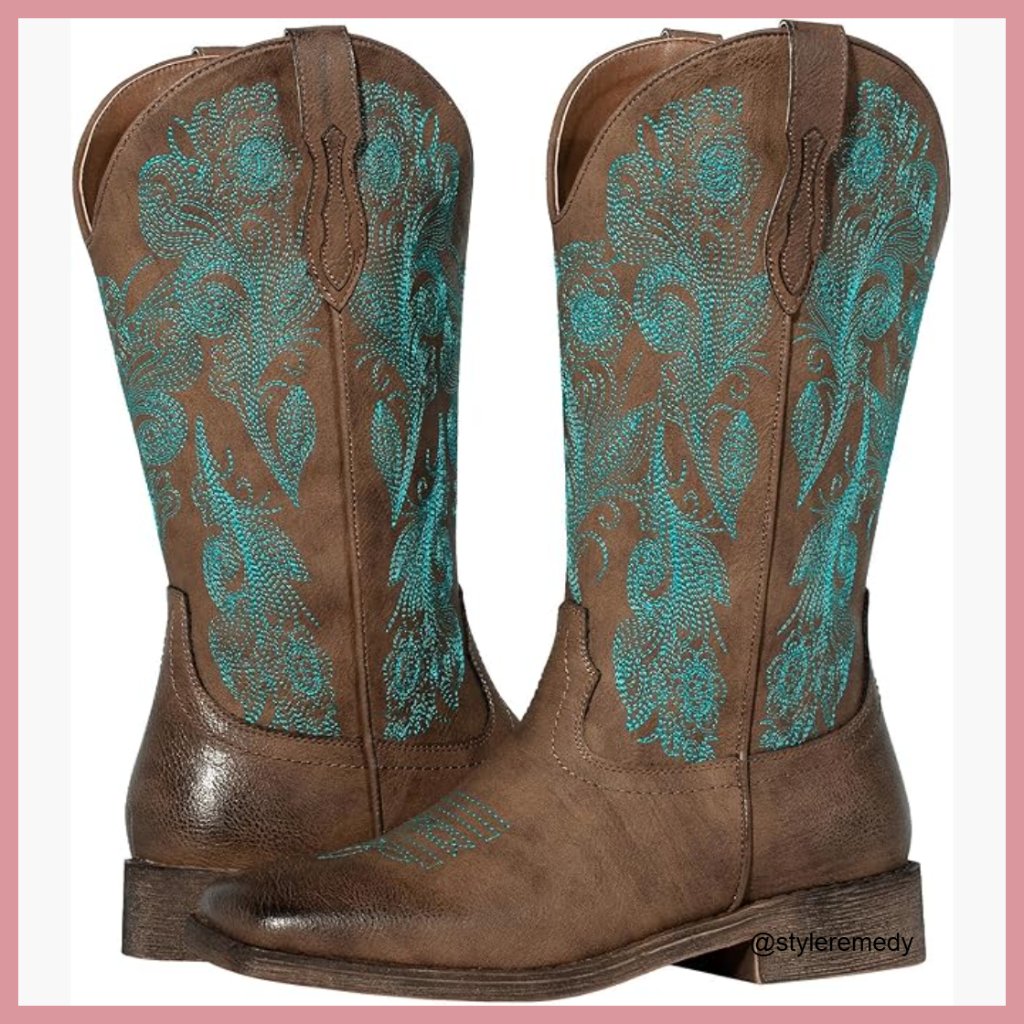Floral Square Toe Cowboy Boots Faux Leather Mid-Calf Western Boots
